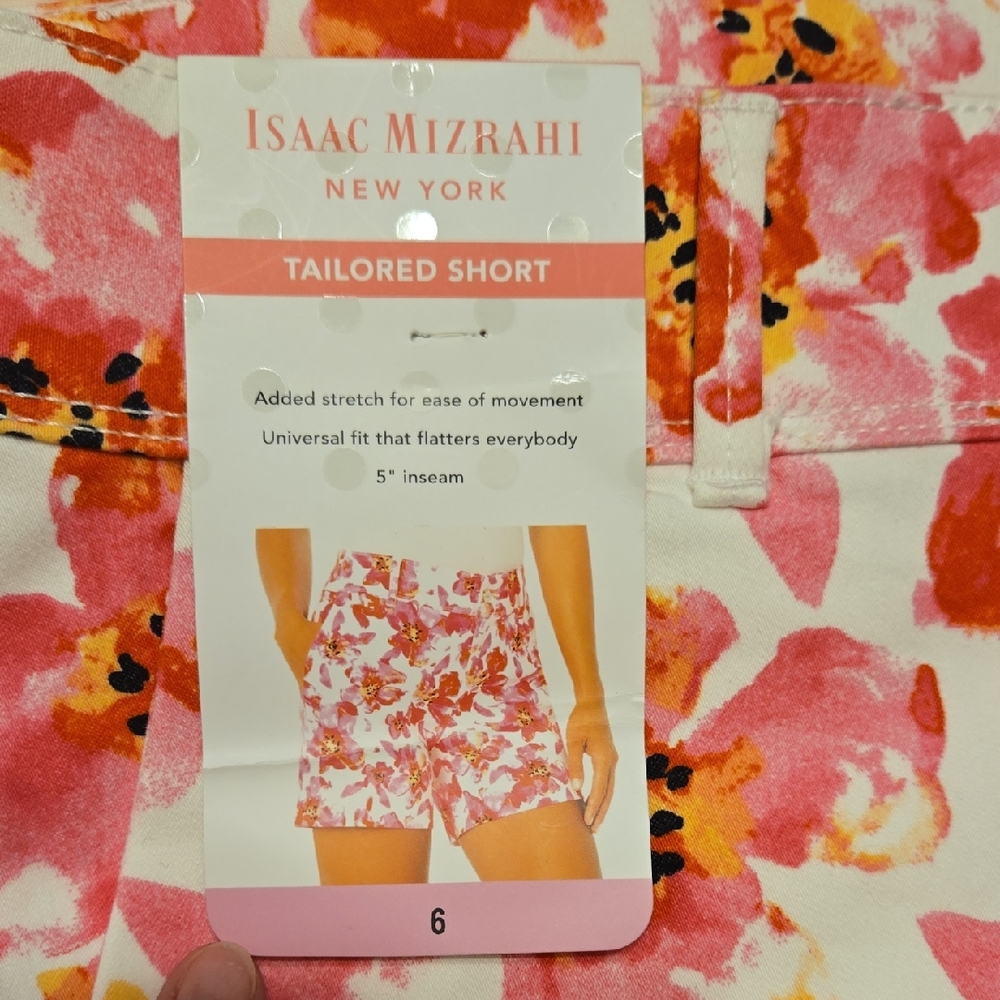 Isaac Mizrahi Women High Waist Floral Tailored Shorts Pink White Stretch 6 NEW